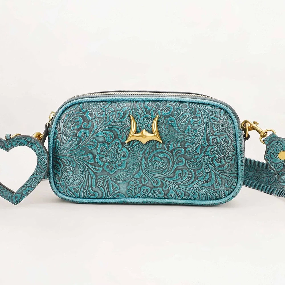 Elegant Teal Embossed Leather Bag LOYAL WEST SOPHIA SHOULDER BAG NEW